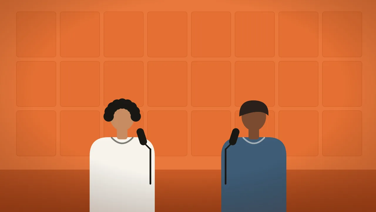 Illustration of two people at microphones in an orange booth (placeholder, not a real result)